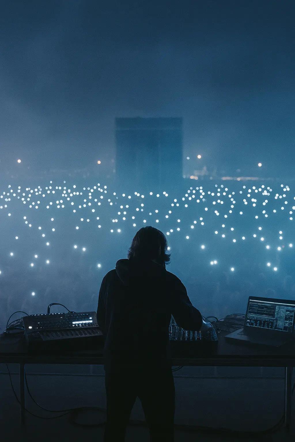 Artista de música electrónica frente a un público en concierto